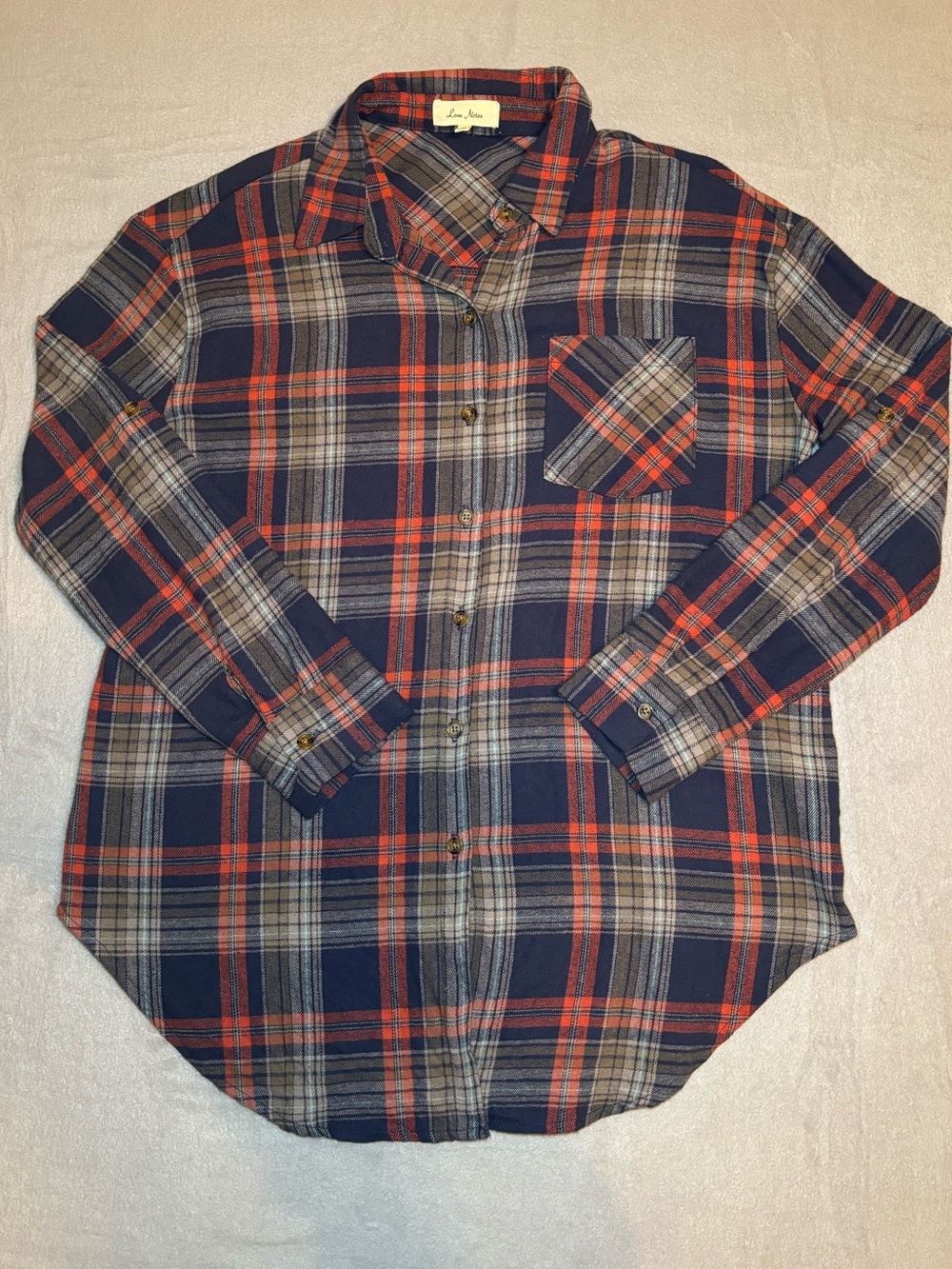 Women’s Love Notes Navy and Red Plaid Button-Down Shirt Small